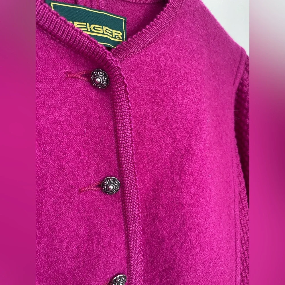 SOLD Vintage Geiger Wool Knit Cardigan Puffy Shoulder Alpine Folk Jacket M - Picture 11 of 13
